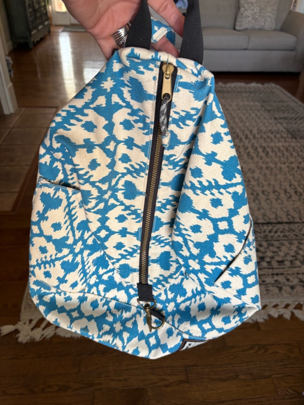 Kavu Blue and White Patterned Canvas Backpack